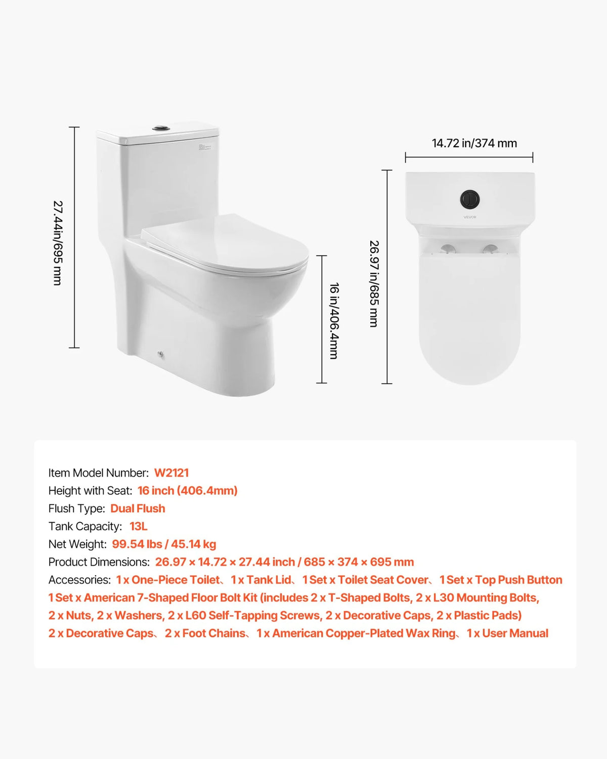 VEVOR One-Piece Toilet, Elongated Toilet Vortex Dual-Flush 1.1/1.6 GPF, Toilets for Bathroom with Comfortable Chair Seat, 12 inch Rough-In, Black + White, Easy-Clean Skirted Design, Standard Height - View 7