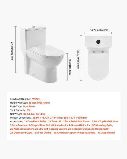 VEVOR One-Piece Toilet, Elongated Toilet Vortex Dual-Flush 1.1/1.6 GPF, Toilets for Bathroom with Comfortable Chair Seat, 12 inch Rough-In, Black + White, Easy-Clean Skirted Design, Standard Height - View 7