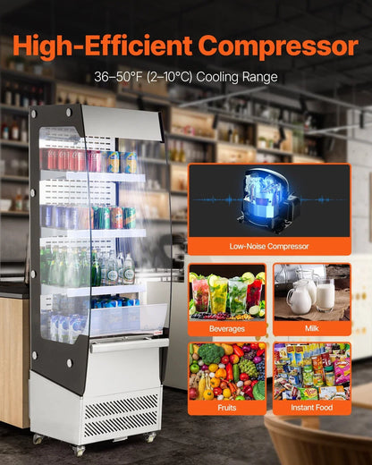VEVOR Open Air Merchandiser, 3-Tier Shelving Commercial Refrigerator, Grab and Go Display Cooler Refrigerator with Air Curtain, 4 Swivel Wheels, LED Light, for Restaurants, Stores, Office, 7.8cu.ft.