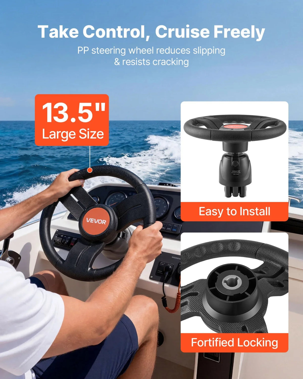 VEVOR Outboard Hydraulic Steering Kit, 200 HP, Marine Boat Hydraulic Steering System with 6.9 MPa Two-Way Lock Helm Pump, Cylinder, 2 PCS 26 ft Hoses, 13.5" Wheel for Single Station, Single-Engine Use - View 5