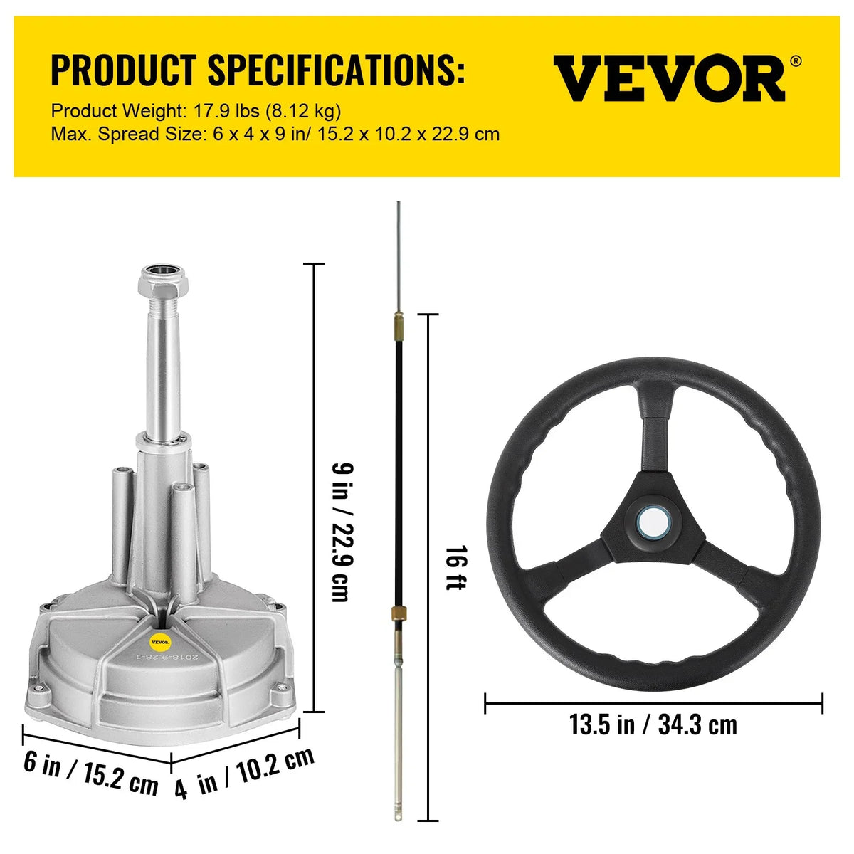VEVOR Outboard Steering System 16' Outboard Steering Kit 16 Feet Boat Steering Cable with 13" Wheel Durable Marine Steering System - View 2