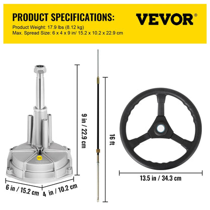 VEVOR Outboard Steering System 16' Outboard Steering Kit 16 Feet Boat Steering Cable with 13" Wheel Durable Marine Steering System - View 2