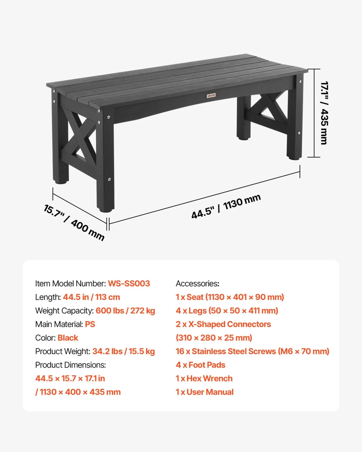 VEVOR Outdoor Bench, 44.5 inch, 600 lbs Weight Capacity, Weatherproof Plastic Frame with Adjustable Level Footpads and Thick Leg, Outside Bench for Patio, Garden, Park, Yard, Front Porch, Black - View 6