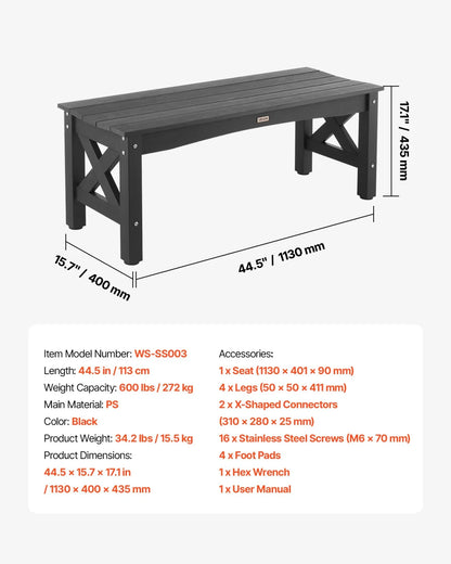 VEVOR Outdoor Bench, 44.5 inch, 600 lbs Weight Capacity, Weatherproof Plastic Frame with Adjustable Level Footpads and Thick Leg, Outside Bench for Patio, Garden, Park, Yard, Front Porch, Black - View 6