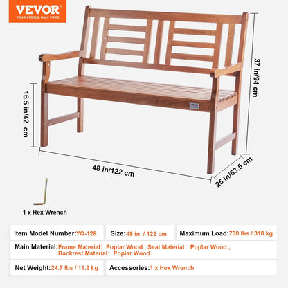 VEVOR Outdoor Bench, 48 inches Wood Garden Bench for Outdoors, Outdoor Garden Park Bench with Backrest and Armrests, 700 lbs Load Capacity Bench, Patio Bench for Garden, Park, Yard, Front Porch - View 6