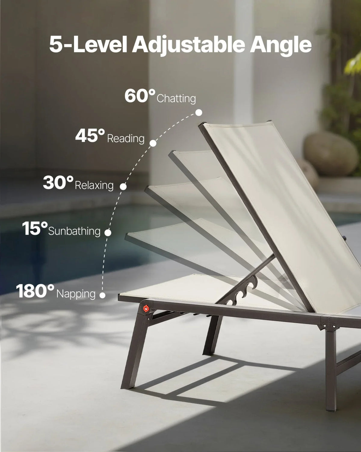 VEVOR Outdoor Chaise Lounge Chair, 400 lbs Weight Capacity, Foldable Sun Tanning Chair, 5 Adjustable Positions, Easy Assembly, Heavy Duty Aluminum Pool Recliner Lounge Chairs, for Beach Yard Patio - View 5