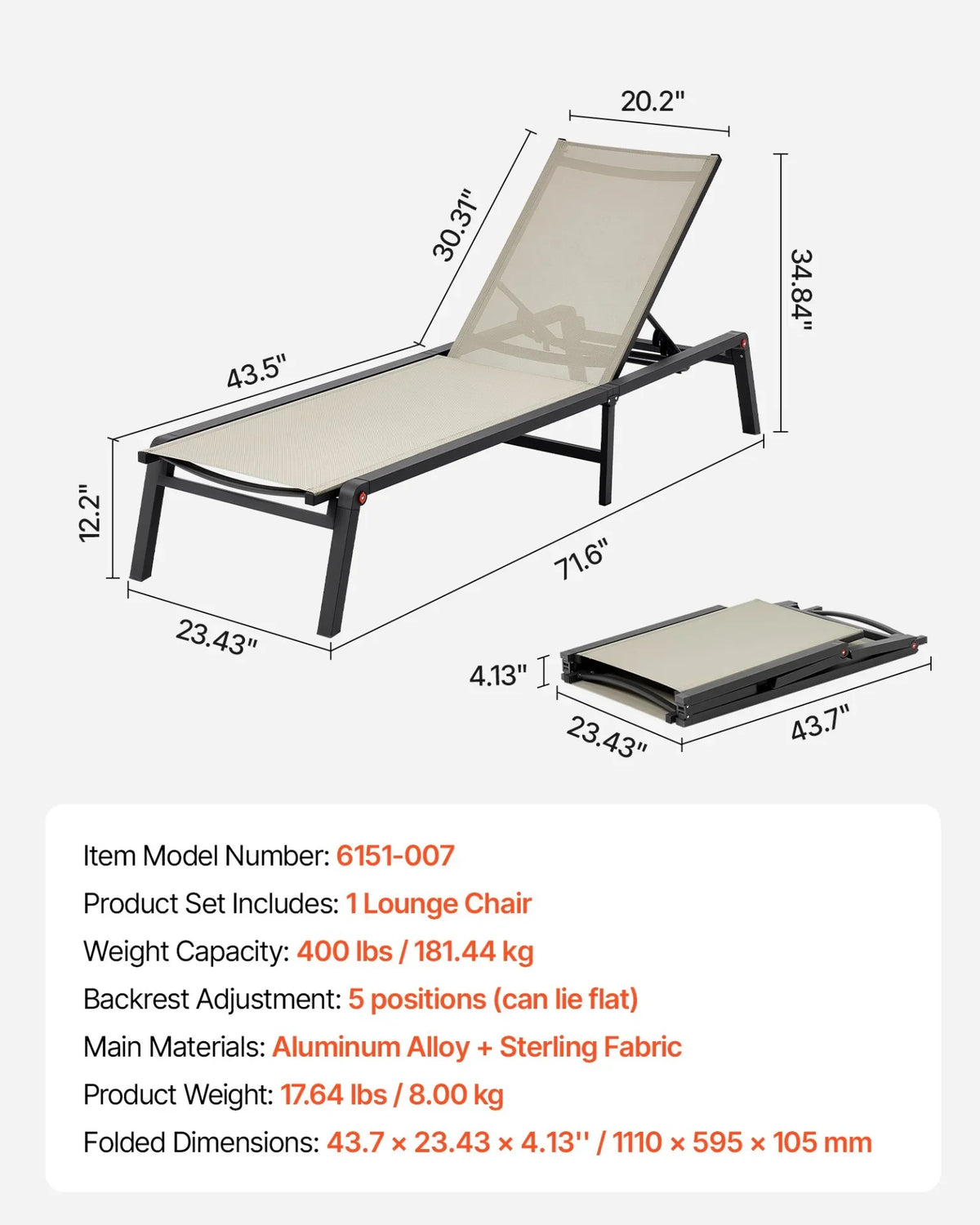 VEVOR Outdoor Chaise Lounge Chair, 400 lbs Weight Capacity, Foldable Sun Tanning Chair, 5 Adjustable Positions, Easy Assembly, Heavy Duty Aluminum Pool Recliner Lounge Chairs, for Beach Yard Patio - View 7