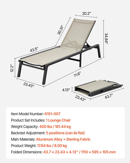 VEVOR Outdoor Chaise Lounge Chair, 400 lbs Weight Capacity, Foldable Sun Tanning Chair, 5 Adjustable Positions, Easy Assembly, Heavy Duty Aluminum Pool Recliner Lounge Chairs, for Beach Yard Patio - View 7