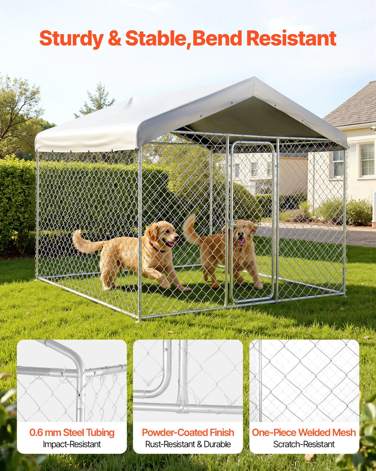 VEVOR Outdoor Dog Kennel, 7.55 x 7.55 x 7.05 ft Large Dog Kennel with Secure Lock, Outside Dogs Enclosures with UV-Resistant & Waterproof Roof Cover, Heavy Duty Pet Crate Cage Run for Large Dogs