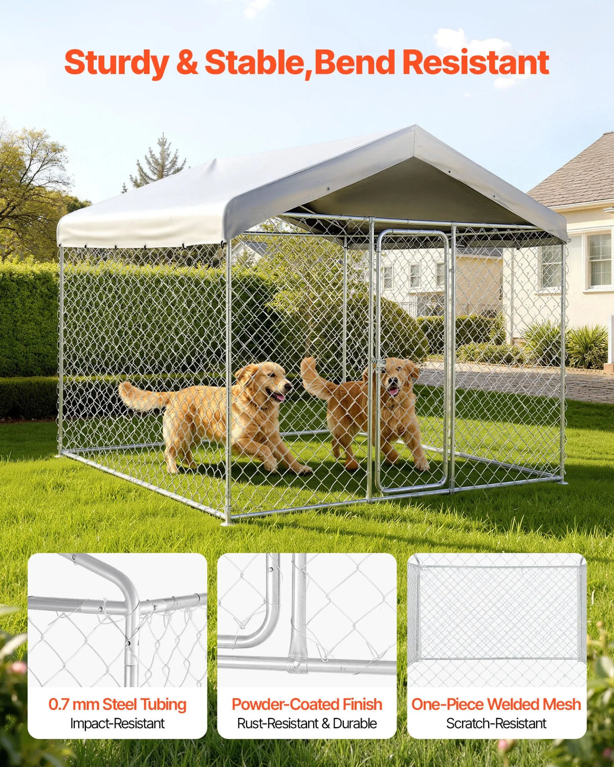 VEVOR Outdoor Dog Kennel, 7.55 x 7.55 x 7.05 ft Large Dog Kennel with Secure Lock, Outside Dogs Enclosures with UV-Resistant & Waterproof Roof Cover, Heavy Duty Pet Crate Cage Run for Large Dogs - View 11