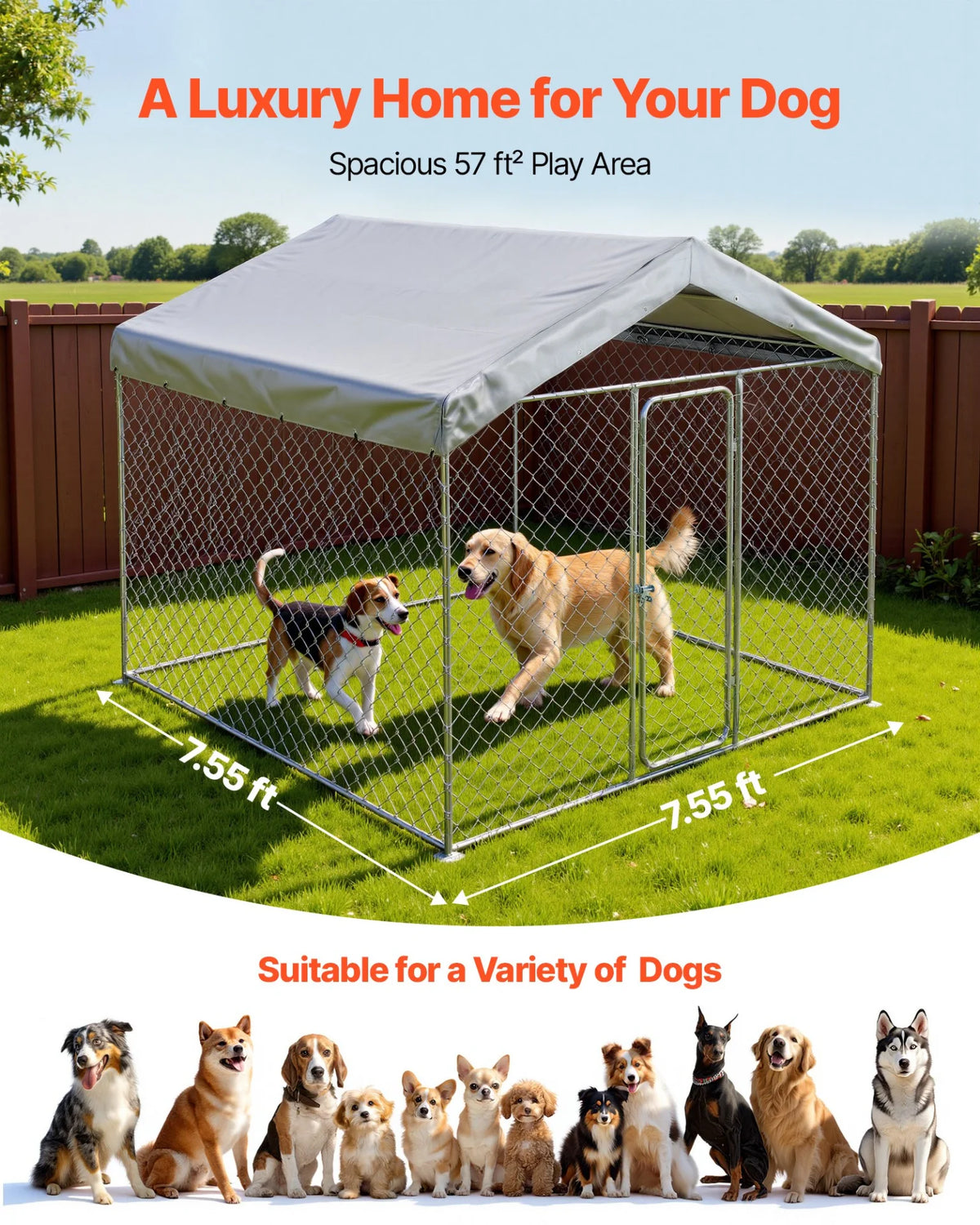 VEVOR Outdoor Dog Kennel, 7.55 x 7.55 x 7.05 ft Large Dog Kennel with Secure Lock, Outside Dogs Enclosures with UV-Resistant & Waterproof Roof Cover, Heavy Duty Pet Crate Cage Run for Large Dogs - View 3