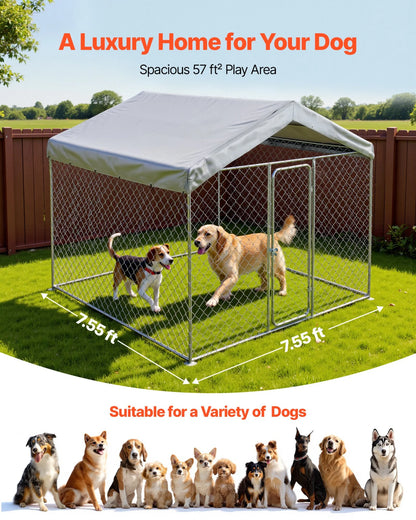 VEVOR Outdoor Dog Kennel, 7.55 x 7.55 x 7.05 ft Large Dog Kennel with Secure Lock, Outside Dogs Enclosures with UV-Resistant & Waterproof Roof Cover, Heavy Duty Pet Crate Cage Run for Large Dogs - View 3