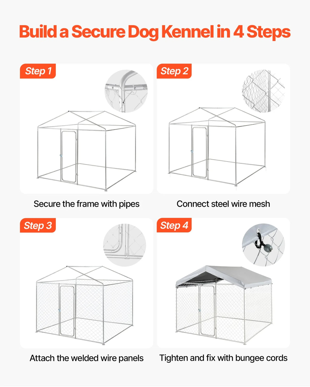 VEVOR Outdoor Dog Kennel, 7.55 x 7.55 x 7.05 ft Large Dog Kennel with Secure Lock, Outside Dogs Enclosures with UV-Resistant & Waterproof Roof Cover, Heavy Duty Pet Crate Cage Run for Large Dogs - View 5