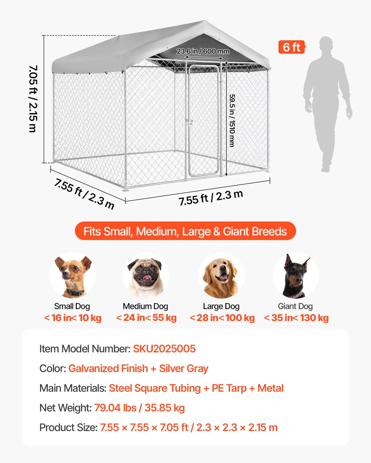 VEVOR Outdoor Dog Kennel, 7.55 x 7.55 x 7.05 ft Large Dog Kennel with Secure Lock, Outside Dogs Enclosures with UV-Resistant & Waterproof Roof Cover, Heavy Duty Pet Crate Cage Run for Large Dogs - View 6