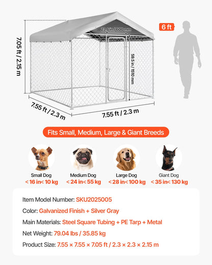 VEVOR Outdoor Dog Kennel, 7.55 x 7.55 x 7.05 ft Large Dog Kennel with Secure Lock, Outside Dogs Enclosures with UV-Resistant & Waterproof Roof Cover, Heavy Duty Pet Crate Cage Run for Large Dogs - View 6