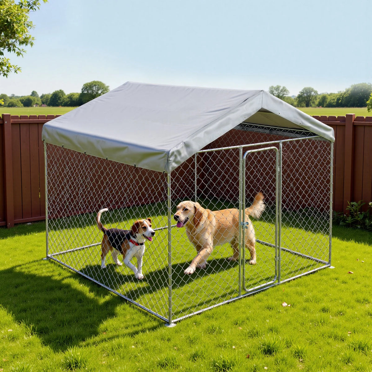 VEVOR Outdoor Dog Kennel, 7.55 x 7.55 x 7.05 ft Large Dog Kennel with Secure Lock, Outside Dogs Enclosures with UV-Resistant & Waterproof Roof Cover, Heavy Duty Pet Crate Cage Run for Large Dogs - View 7