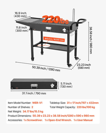 VEVOR Outdoor Grill Cart, 31.0 x 17.0 inch Tabletop Size Grilling Table, Foldable Outdoor Cooking Table with Tissue Holder, Hooks, Wheels, Side Table, BBQ Prep Tables for Picnic, Kitchen, Courtyard - View 2