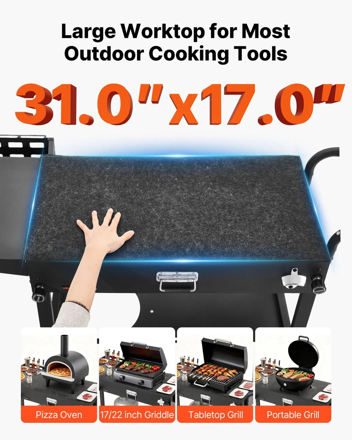 VEVOR Outdoor Grill Cart, 31.0 x 17.0 inch Tabletop Size Grilling Table, Foldable Outdoor Cooking Table with Tissue Holder, Hooks, Wheels, Side Table, BBQ Prep Tables for Picnic, Kitchen, Courtyard - View 3