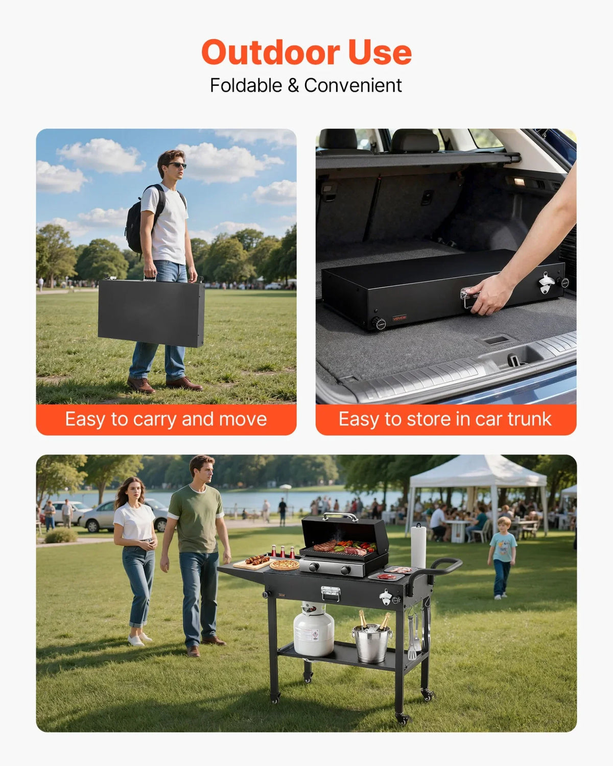 VEVOR Outdoor Grill Cart, 31.0 x 17.0 inch Tabletop Size Grilling Table, Foldable Outdoor Cooking Table with Tissue Holder, Hooks, Wheels, Side Table, BBQ Prep Tables for Picnic, Kitchen, Courtyard - View 4