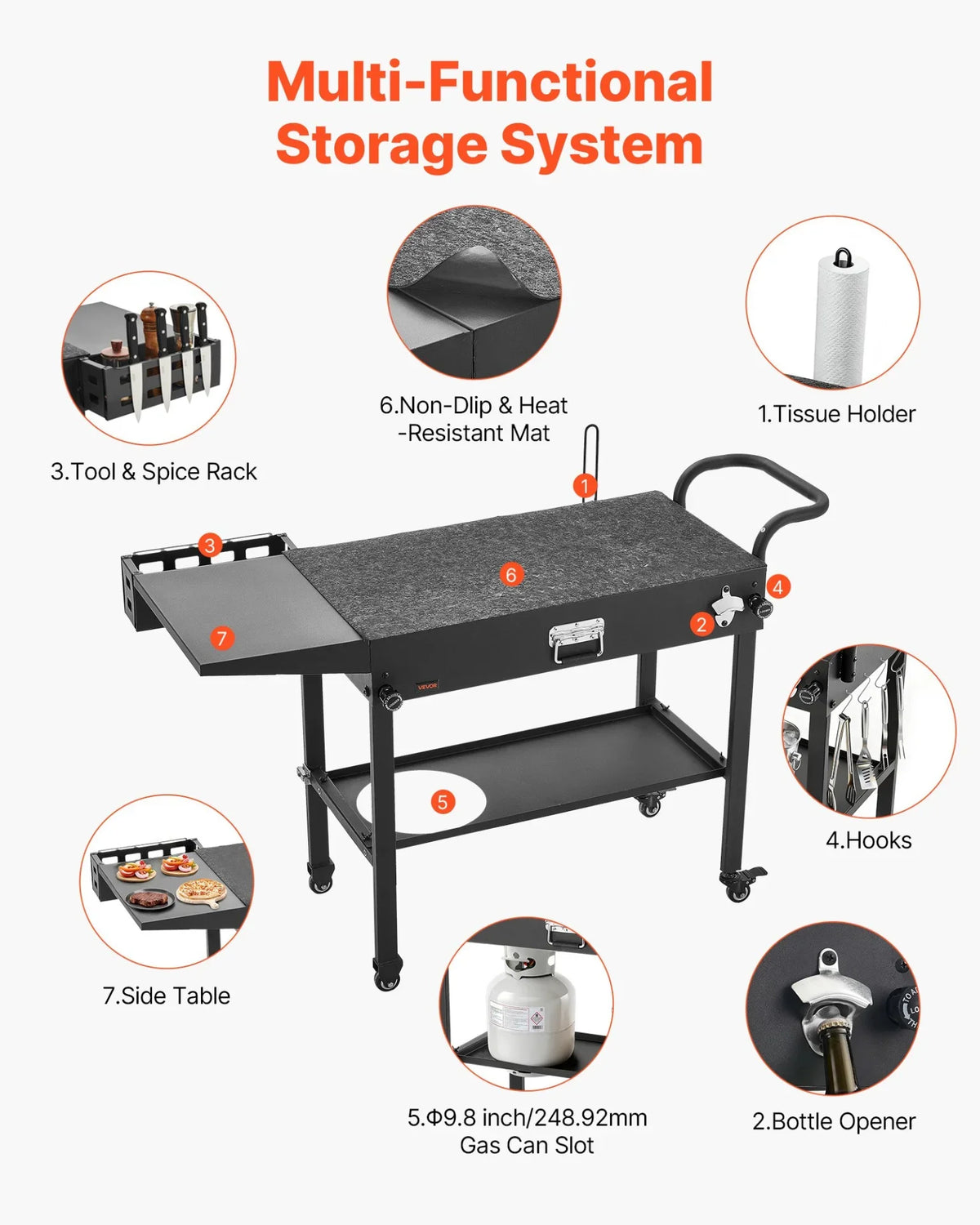 VEVOR Outdoor Grill Cart, 31.0 x 17.0 inch Tabletop Size Grilling Table, Foldable Outdoor Cooking Table with Tissue Holder, Hooks, Wheels, Side Table, BBQ Prep Tables for Picnic, Kitchen, Courtyard - View 5