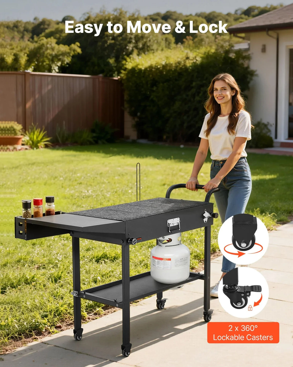VEVOR Outdoor Grill Cart, 31.0 x 17.0 inch Tabletop Size Grilling Table, Foldable Outdoor Cooking Table with Tissue Holder, Hooks, Wheels, Side Table, BBQ Prep Tables for Picnic, Kitchen, Courtyard - View 6