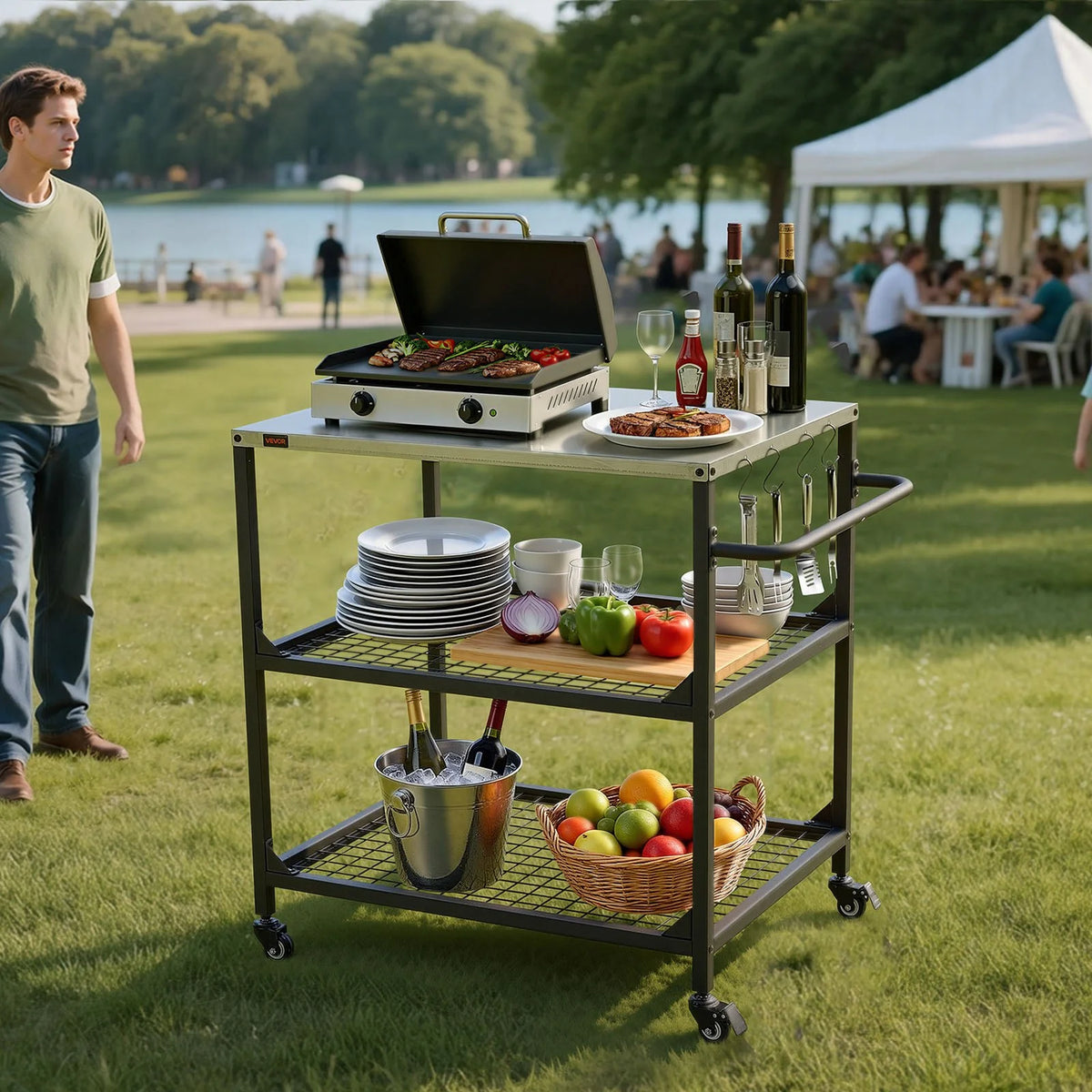 VEVOR Outdoor Grill Cart, 31.5 x 24.0 inch Stainless Steel Tabletop Size Grilling Table, Outdoor Cooking Table with 4 Wheels & Side Handle, Two Mesh Shelves, BBQ Prep Tables for Patio, Garden - View 7