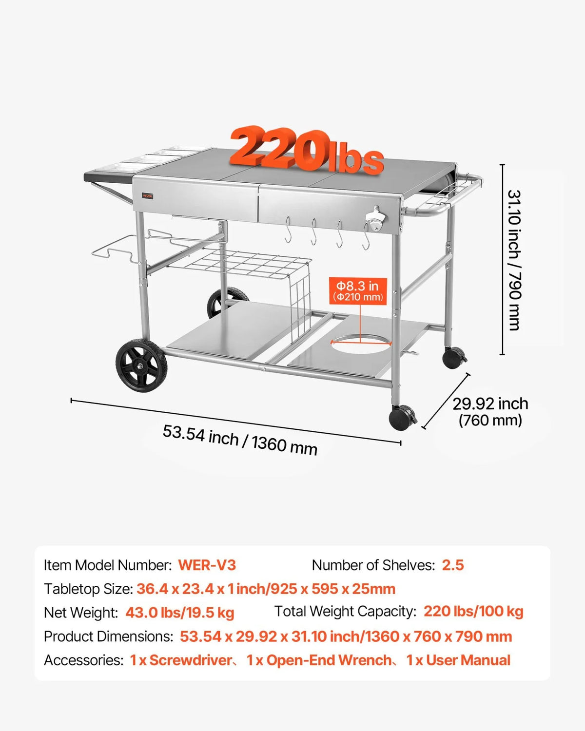 VEVOR Outdoor Grill Cart, 36.4 x 23.4 x 1 inch Tabletop Size Grilling Table, Movable Outdoor Cooking Table with 4 Spice Containers, Wheels, Lids, Hooks, BBQ Prep Tables for Picnic, Kitchen, Courtyard - View 2