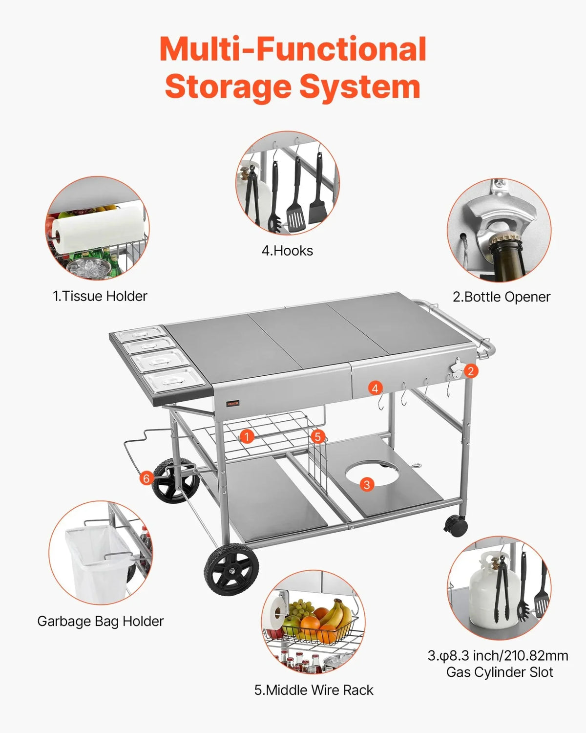 VEVOR Outdoor Grill Cart, 36.4 x 23.4 x 1 inch Tabletop Size Grilling Table, Movable Outdoor Cooking Table with 4 Spice Containers, Wheels, Lids, Hooks, BBQ Prep Tables for Picnic, Kitchen, Courtyard - View 5