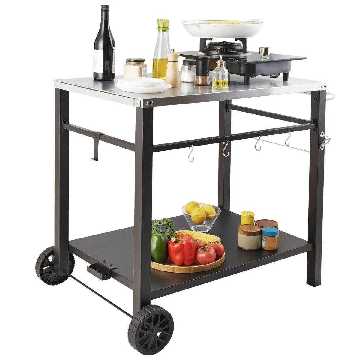 VEVOR Outdoor Grill Dining Cart with Double-Shelf, BBQ Movable Food Prep Table, Multifunctional Stainless Steel Table Top, Portable Modular Carts for Pizza Oven, Worktable with 2 Wheels, Carry Handle