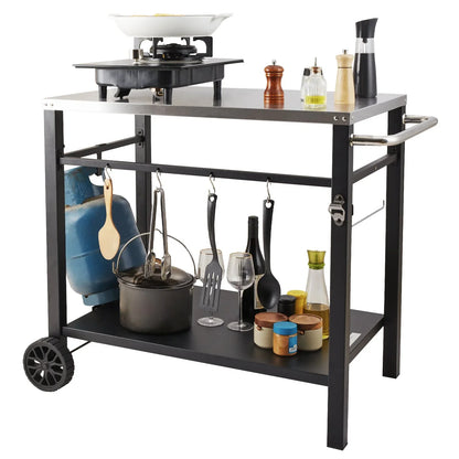 VEVOR Outdoor Grill Dining Cart with Double-Shelf, BBQ Movable Food Prep Table, Multifunctional Stainless Steel Table Top, Portable Modular Carts for Pizza Oven, Worktable with 2 Wheels, Carry Handle - View 10