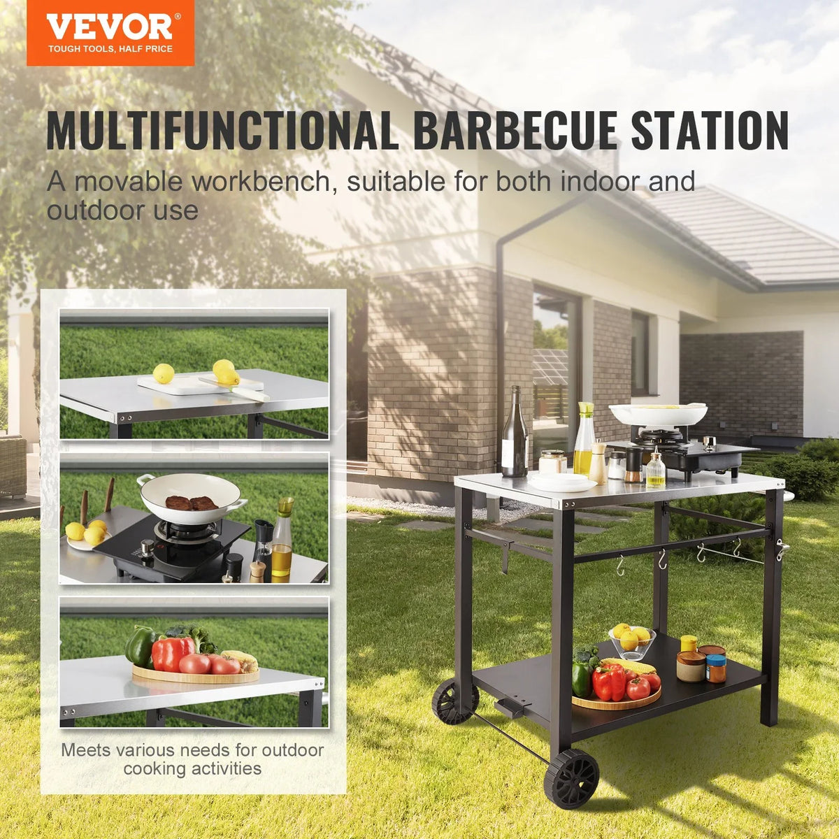 VEVOR Outdoor Grill Dining Cart with Double-Shelf, BBQ Movable Food Prep Table, Multifunctional Stainless Steel Table Top, Portable Modular Carts for Pizza Oven, Worktable with 2 Wheels, Carry Handle - View 2