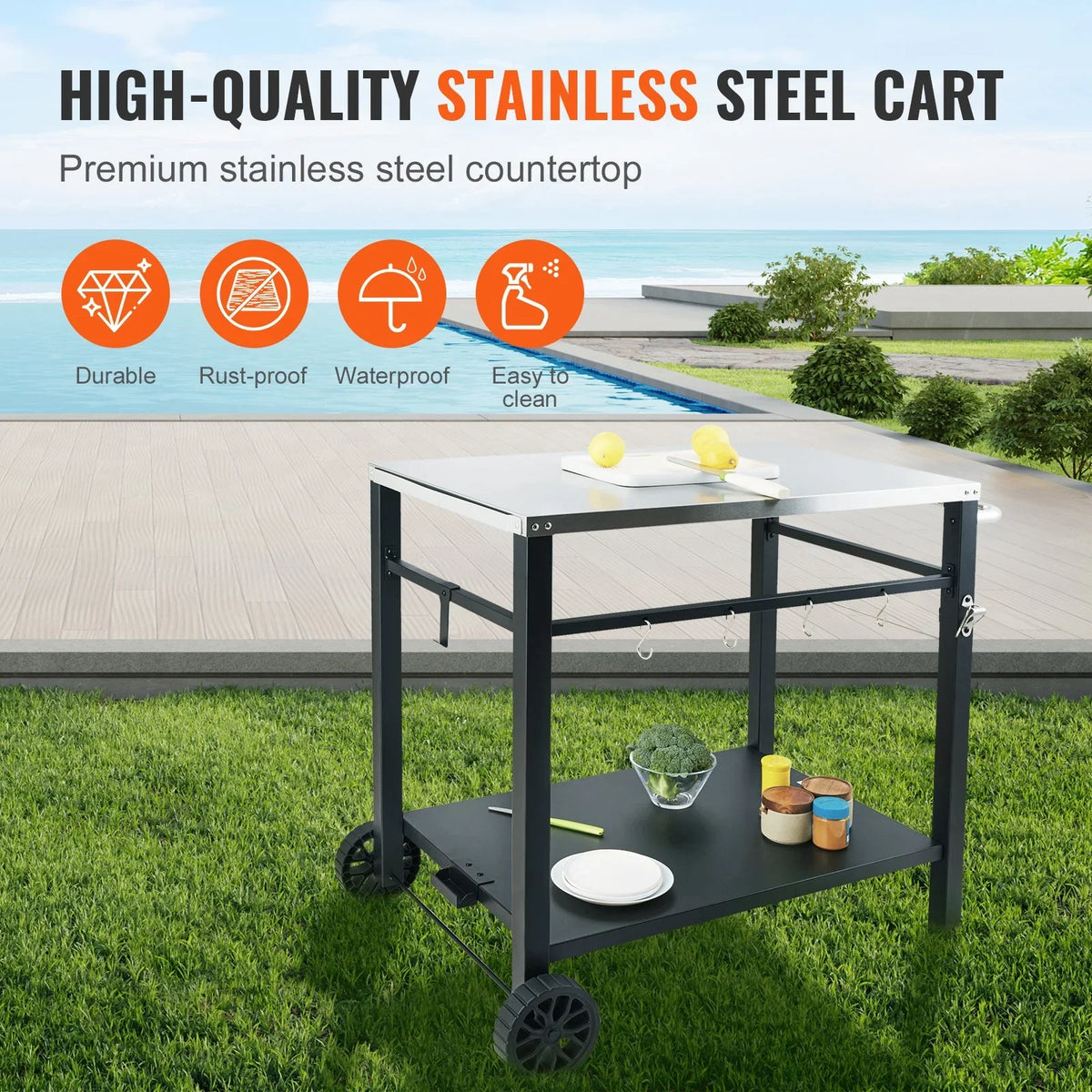 VEVOR Outdoor Grill Dining Cart with Double-Shelf, BBQ Movable Food Prep Table, Multifunctional Stainless Steel Table Top, Portable Modular Carts for Pizza Oven, Worktable with 2 Wheels, Carry Handle - View 3