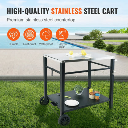 VEVOR Outdoor Grill Dining Cart with Double-Shelf, BBQ Movable Food Prep Table, Multifunctional Stainless Steel Table Top, Portable Modular Carts for Pizza Oven, Worktable with 2 Wheels, Carry Handle - View 3