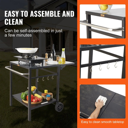 VEVOR Outdoor Grill Dining Cart with Double-Shelf, BBQ Movable Food Prep Table, Multifunctional Foldable Iron Table Top, Portable Modular Carts for Pizza Oven, Worktable with 2 Wheels, Carry Handle - View 5