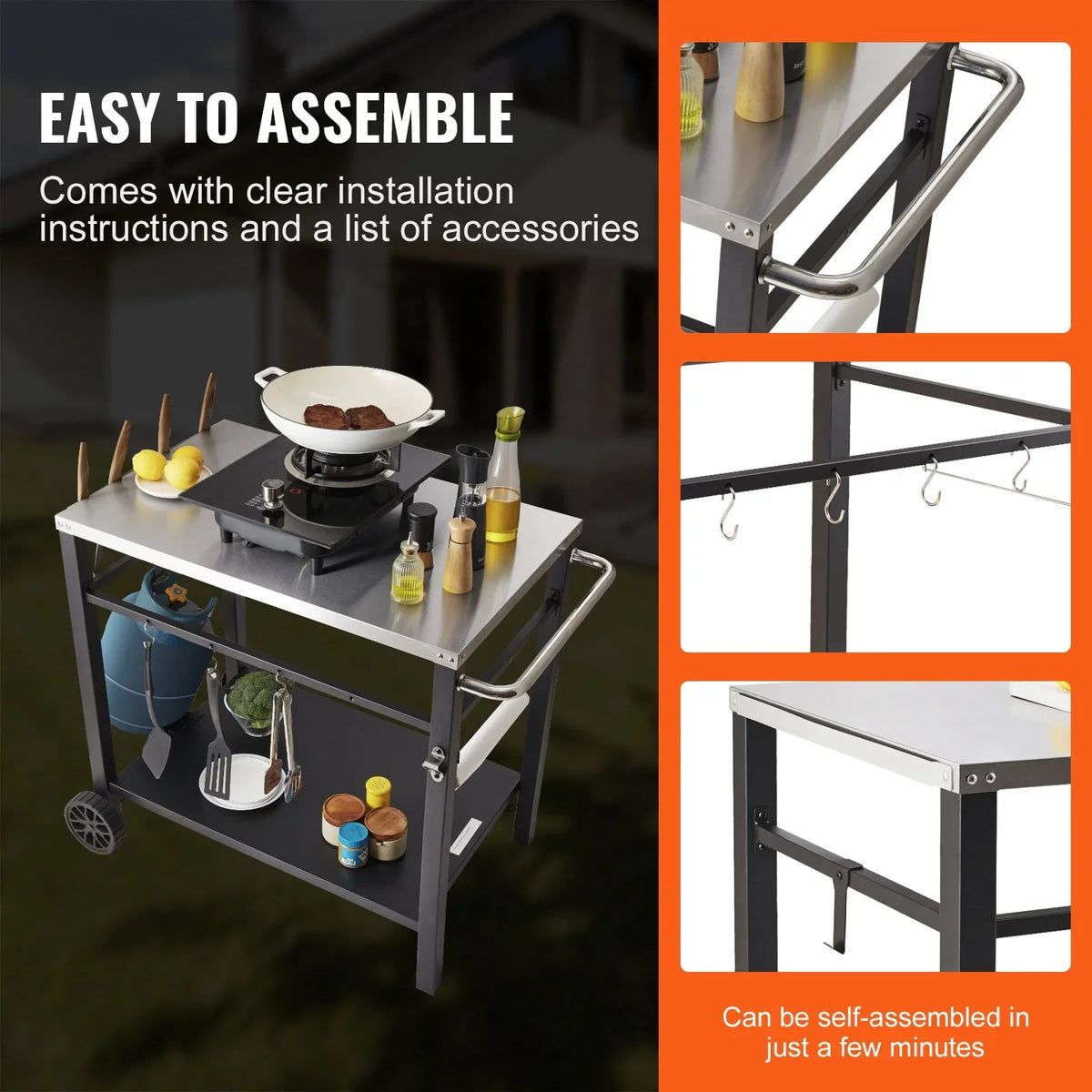 VEVOR Outdoor Grill Dining Cart with Double-Shelf, BBQ Movable Food Prep Table, Multifunctional Stainless Steel Table Top, Portable Modular Carts for Pizza Oven, Worktable with 2 Wheels, Carry Handle - View 6