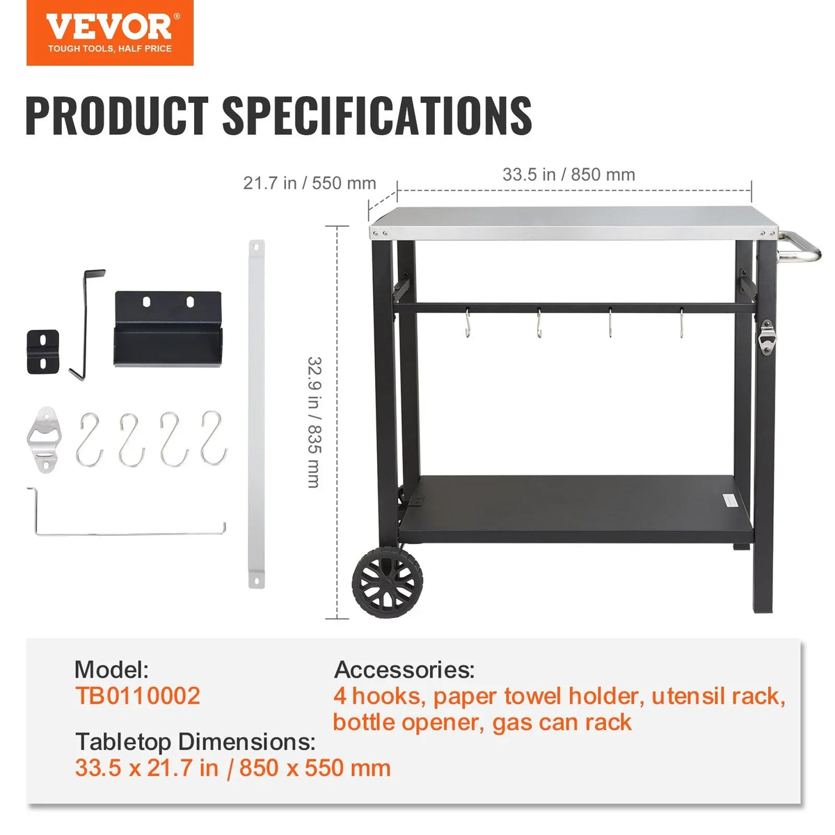 VEVOR Outdoor Grill Dining Cart with Double-Shelf, BBQ Movable Food Prep Table, Multifunctional Stainless Steel Table Top, Portable Modular Carts for Pizza Oven, Worktable with 2 Wheels, Carry Handle - View 7