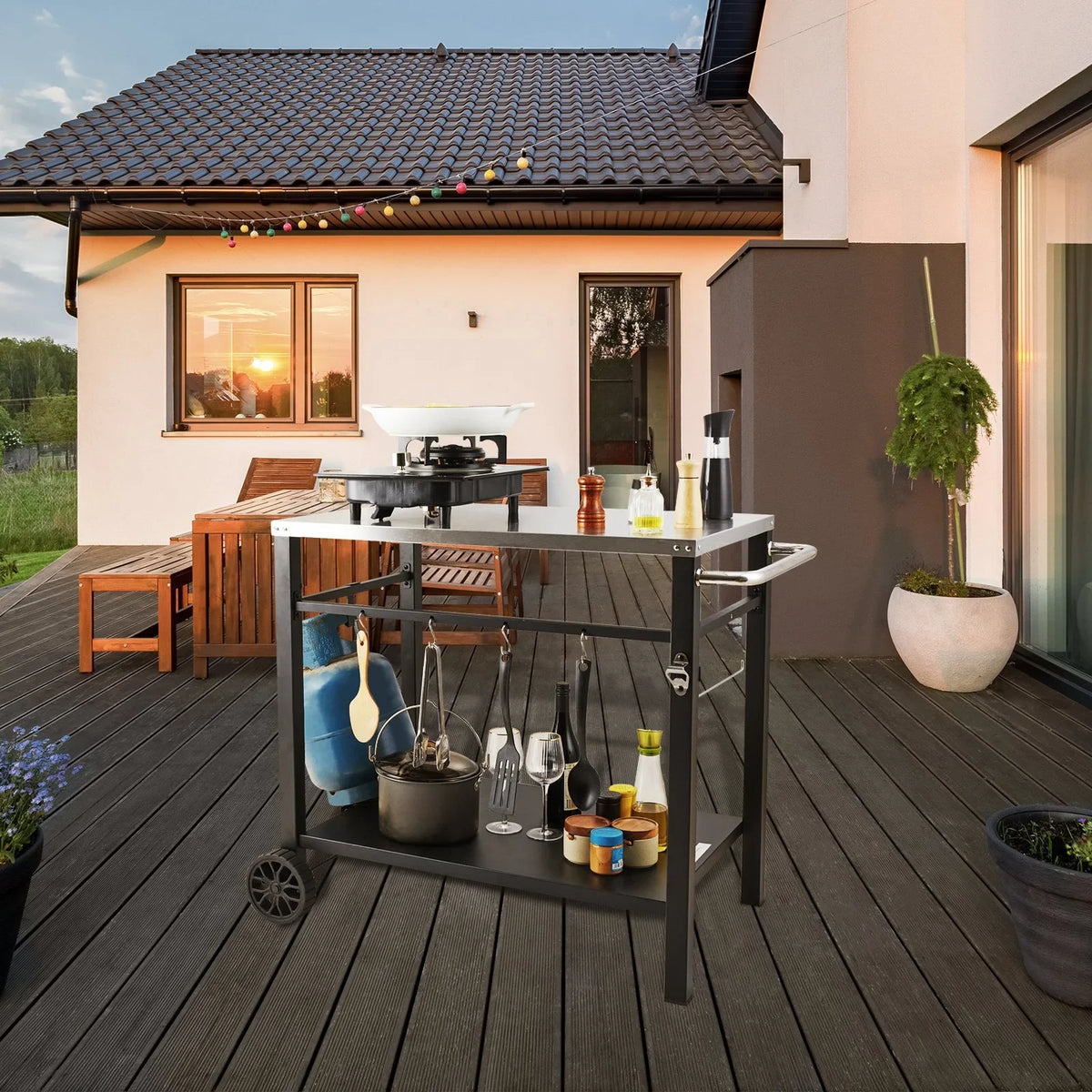 VEVOR Outdoor Grill Dining Cart with Double-Shelf, BBQ Movable Food Prep Table, Multifunctional Stainless Steel Table Top, Portable Modular Carts for Pizza Oven, Worktable with 2 Wheels, Carry Handle - View 8