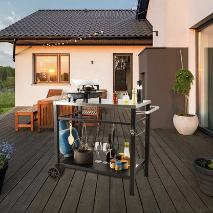 VEVOR Outdoor Grill Dining Cart with Double-Shelf, BBQ Movable Food Prep Table, Multifunctional Stainless Steel Table Top, Portable Modular Carts for Pizza Oven, Worktable with 2 Wheels, Carry Handle - View 8