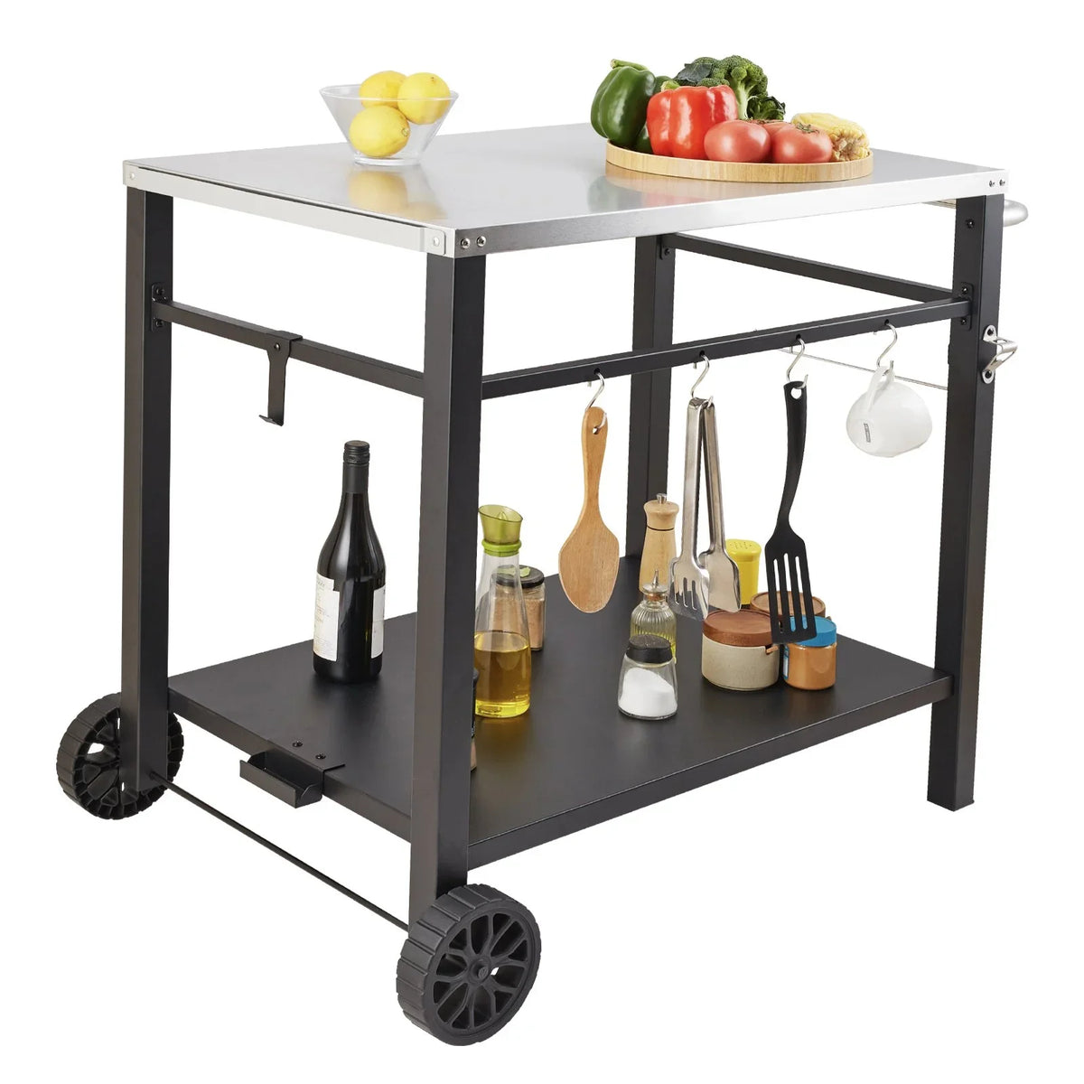 VEVOR Outdoor Grill Dining Cart with Double-Shelf, BBQ Movable Food Prep Table, Multifunctional Stainless Steel Table Top, Portable Modular Carts for Pizza Oven, Worktable with 2 Wheels, Carry Handle - View 9