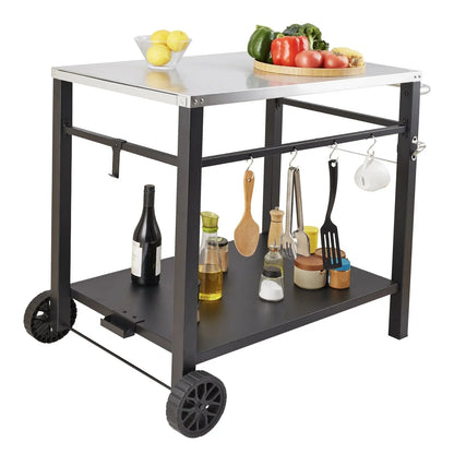 VEVOR Outdoor Grill Dining Cart with Double-Shelf, BBQ Movable Food Prep Table, Multifunctional Stainless Steel Table Top, Portable Modular Carts for Pizza Oven, Worktable with 2 Wheels, Carry Handle - View 9