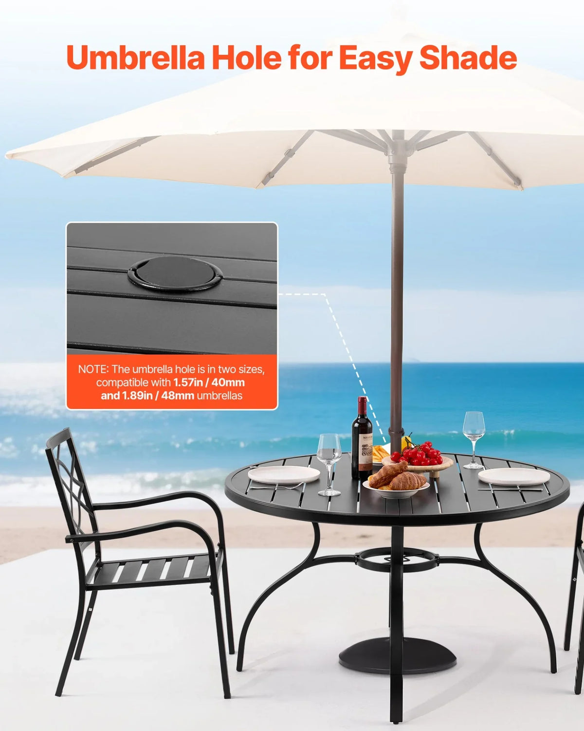 VEVOR Outdoor Patio Dining Table, 47 inch Round Metal Steel Slat Backyard Bistro Tables, with 1.5 in Umbrella Hole, Outside All-Weather Large Furniture for Lawn Garden Porch, Black - View 4