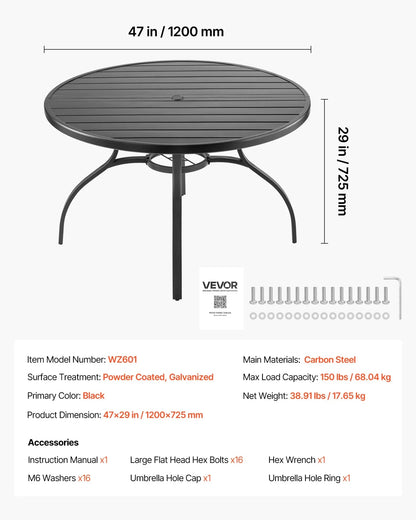 VEVOR Outdoor Patio Dining Table, 47 inch Round Metal Steel Slat Backyard Bistro Tables, with 1.5 in Umbrella Hole, Outside All-Weather Large Furniture for Lawn Garden Porch, Black - View 6