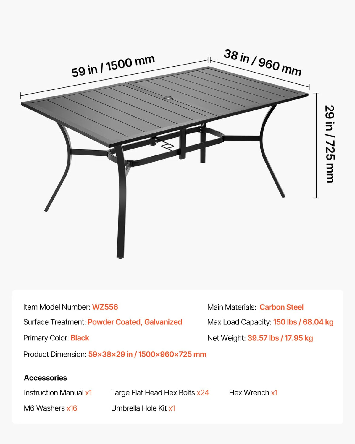 VEVOR Outdoor Patio Dining Table Rectangular Metal Slat Garden Furniture for 6 - View 6
