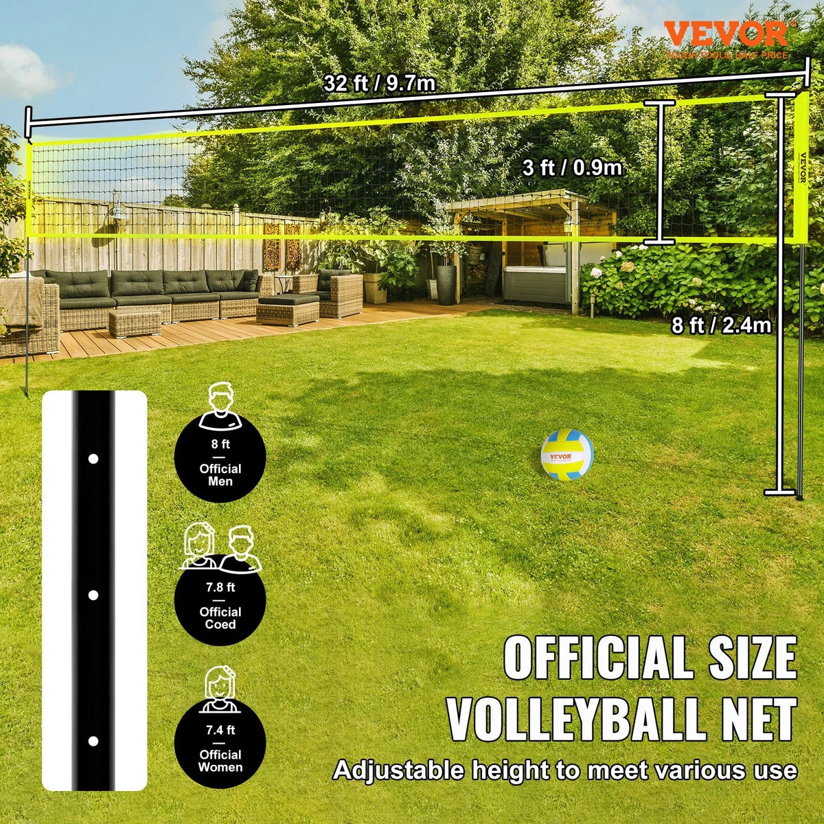 VEVOR Outdoor Portable Volleyball Net System, Adjustable Height Steel Poles, Professional Volleyball Set with PVC Volleyball, Pump, Carrying Bag, Heavy Duty Volleyball Net for Backyard, Beach, Lawn - View 11