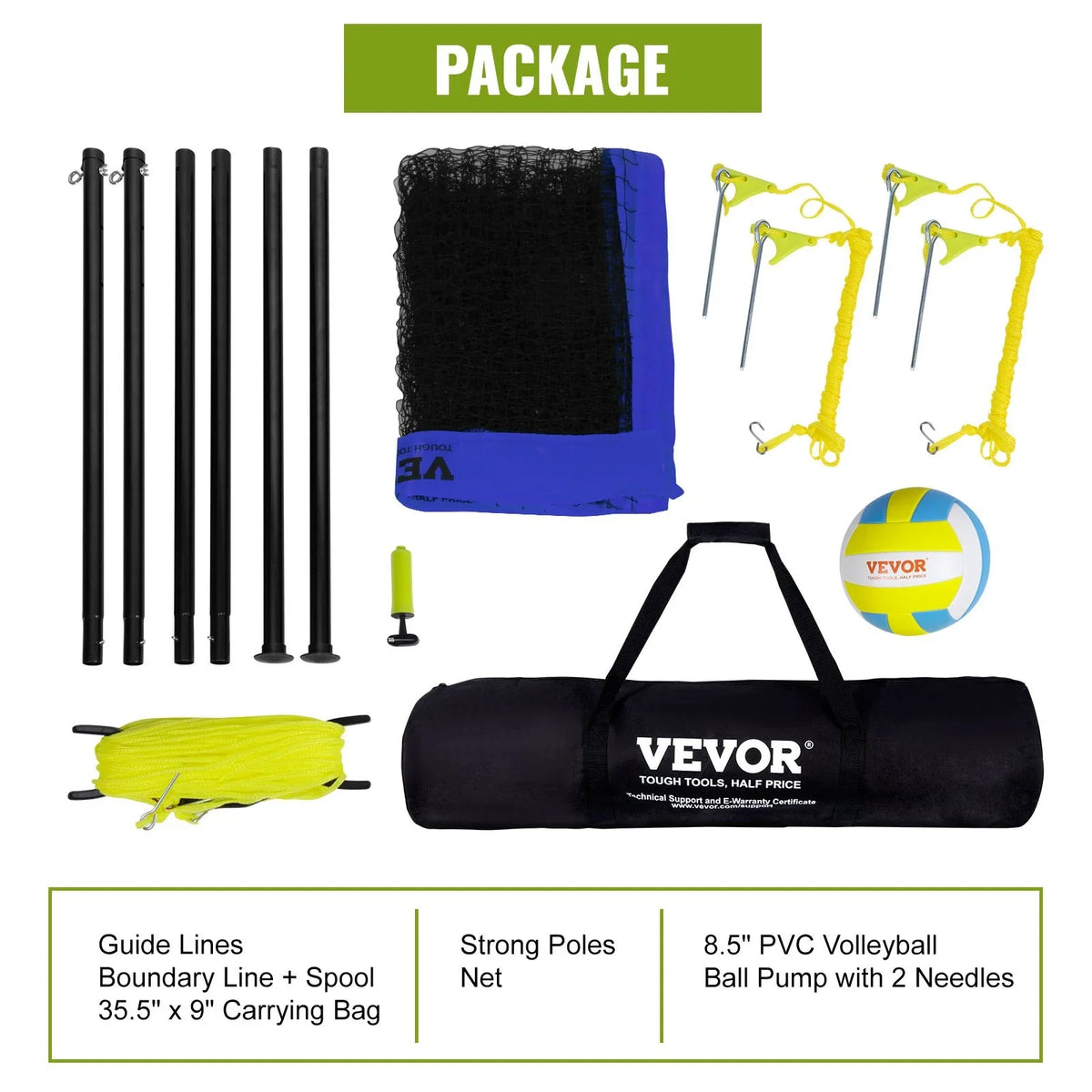 VEVOR Outdoor Portable Volleyball Net System, Adjustable Height Steel Poles, Professional Volleyball Set with PVC Volleyball, Pump, Carrying Bag, Heavy Duty Volleyball Net for Backyard, Beach, Lawn - View 5