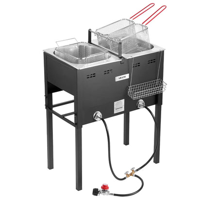 VEVOR Outdoor Propane Deep Fryer, Dual-Tank 16QTx2 Large Capacity Commercial Fryer, Stainless Steel Fish Cooker with 3 Basket, Thermometer, Floor Standing Fryers for Catering Event Camping, 50,000 BTU - View 9