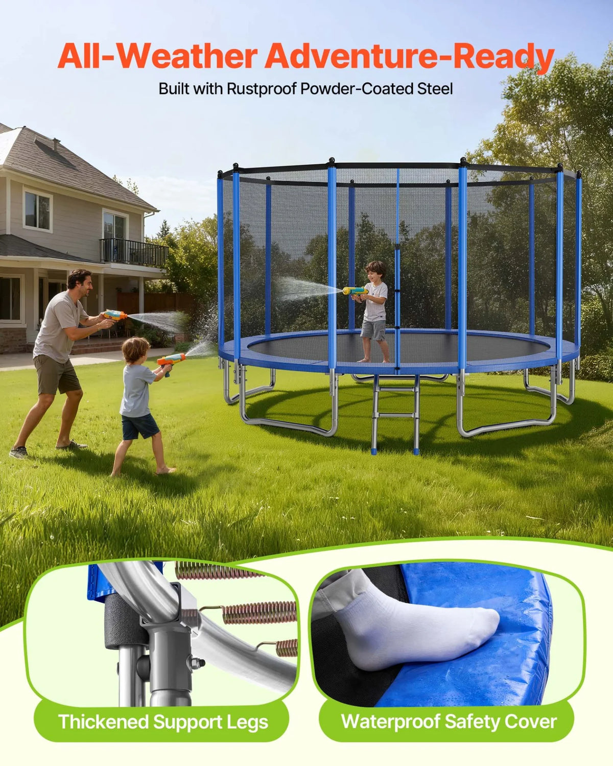 VEVOR Outdoor Trampoline, 15FT Round Recreational Trampoline with Enclosure Net, ASTM Approved, Heavy Duty Trampolines, Max 470 lbs Weight Capacity, Anti-Rust Backyard Trampolines for Kids & Adults - View 5