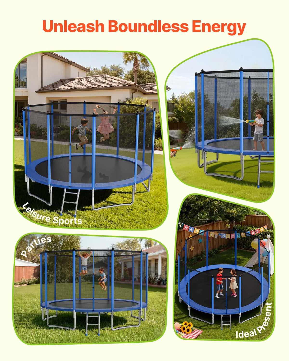 VEVOR Outdoor Trampoline, 15FT Round Recreational Trampoline with Enclosure Net, ASTM Approved, Heavy Duty Trampolines, Max 470 lbs Weight Capacity, Anti-Rust Backyard Trampolines for Kids & Adults - View 7