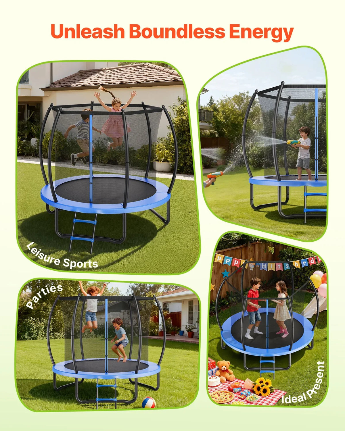 VEVOR Outdoor Trampoline, 8FT Recreational Trampoline, ASTM Approved Trampolines with Enclosure Net & Thickened Pad, Max 265 lbs Weight Capacity, Anti-Rust Backyard Trampolines for Kids & Adults - View 6