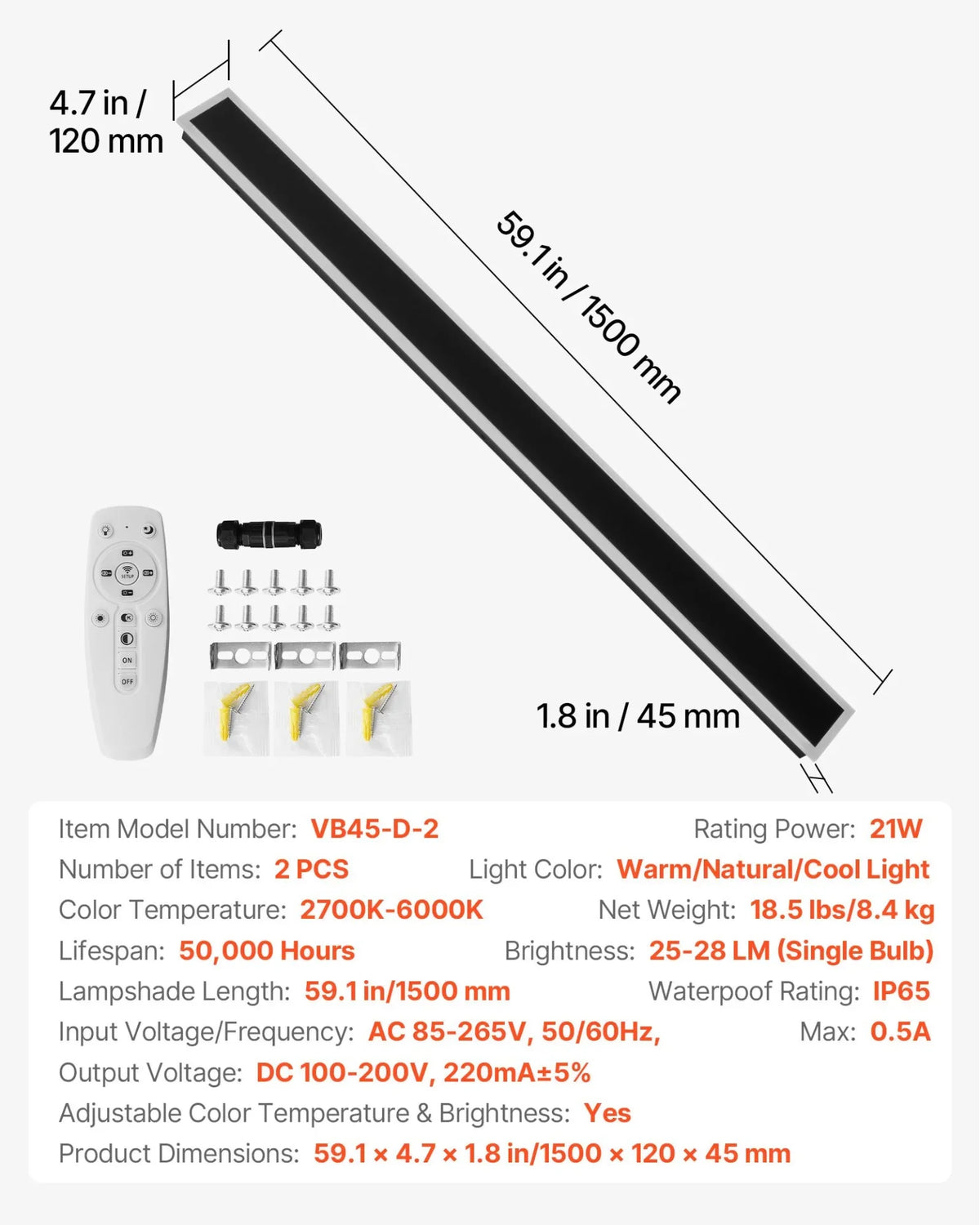 VEVOR Outdoor Wall Lights, 2 Pack, 59.1 Inch Long Strip Modern Exterior Wall Sconce Light Fixtures, 2700K-6000K, IP65 Waterproof Anti-Rust, Dimmable Outside Wall Mount Lighting, for House Porch Garage - View 6